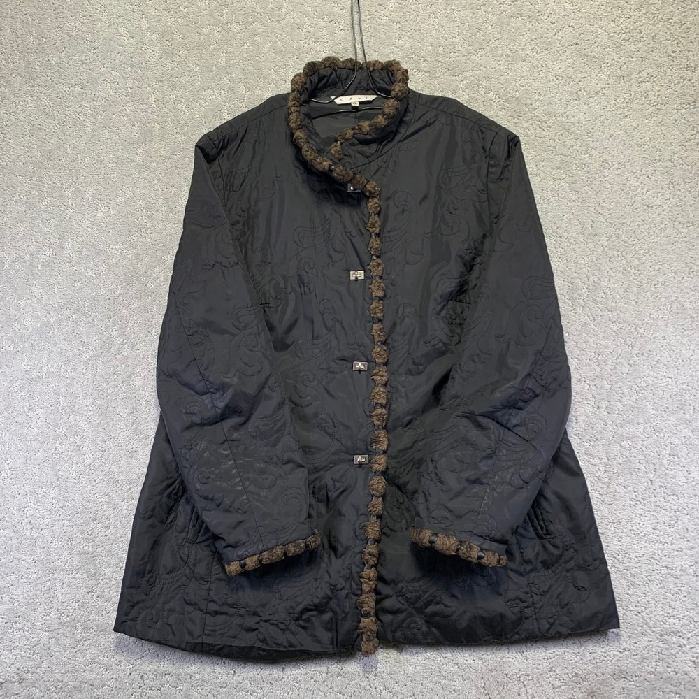 Cabi Jacket‎ Womens XL Black Quilted Paisley Faux Fur Trim Turn Lock Closure